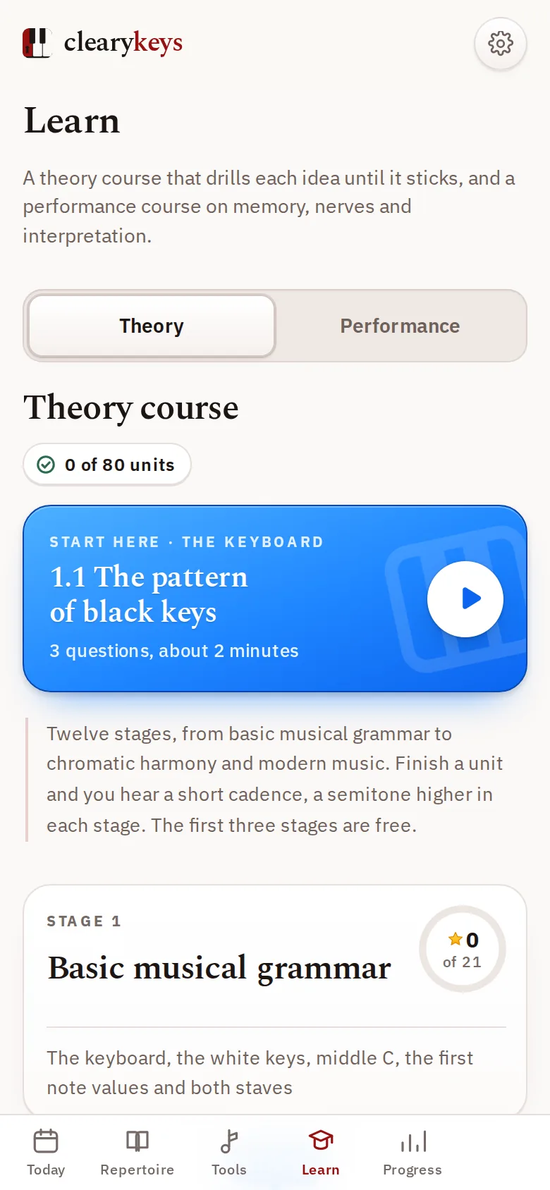 Theory course, 79 units starting with the pattern of black keys