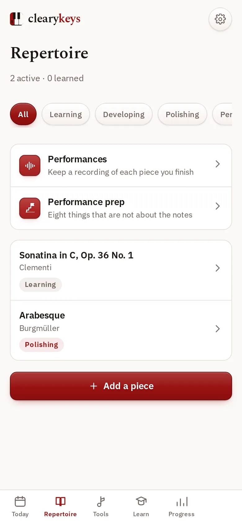 Repertoire with two pieces and their status