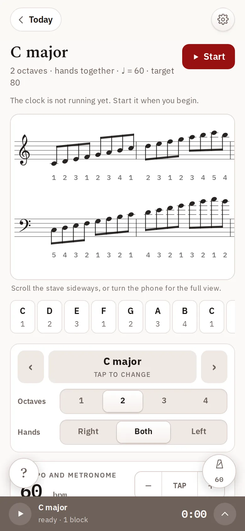 A C major scale block with notation, fingering and a timer