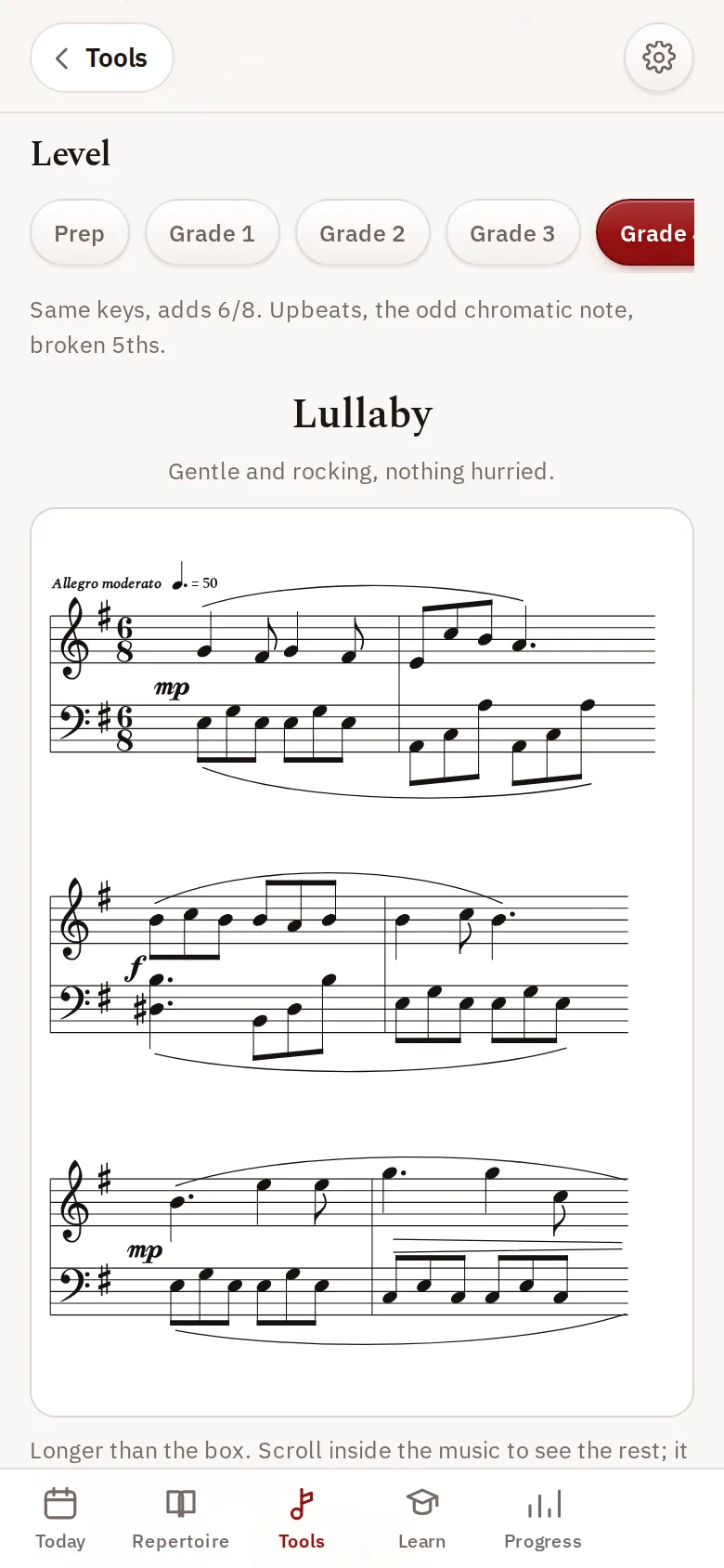 Sight reading screen with a new Grade 4 piece