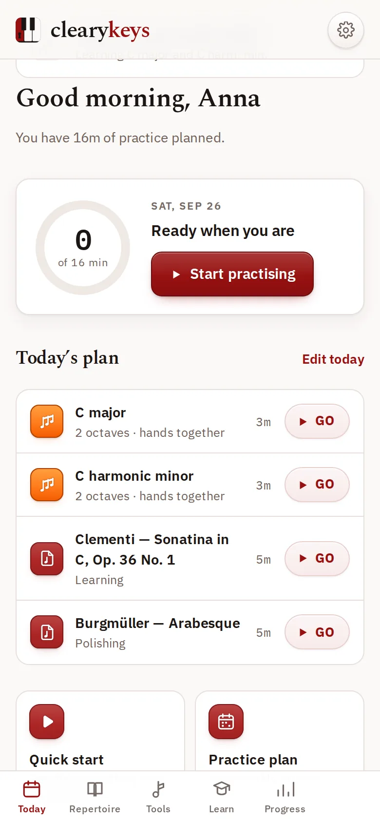 Today screen with 21 minutes of practice planned: scales, technique and two pieces